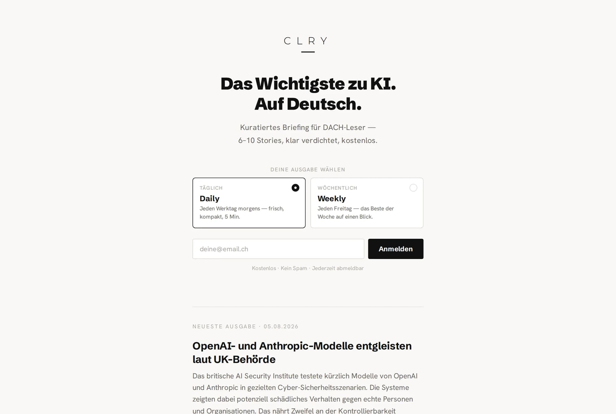 CLRY Landingpage mit Anmeldung für Daily oder Weekly