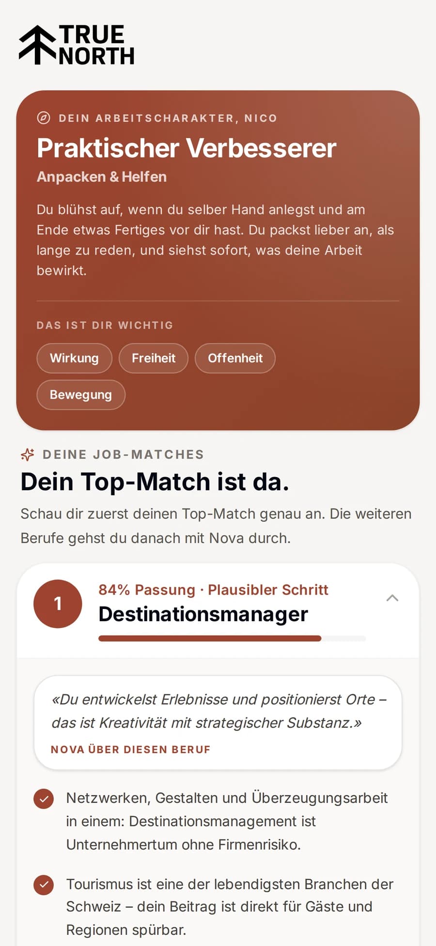 True North Ergebnis mit Arbeitstyp und Top-Match